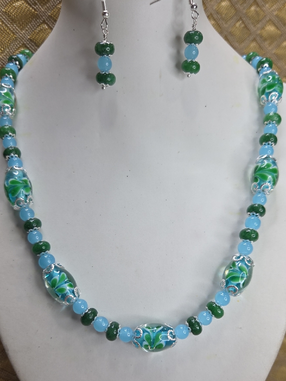 Handmade Blue Mellifiore Glass & Green Jade Bead Necklace and Earrings Set